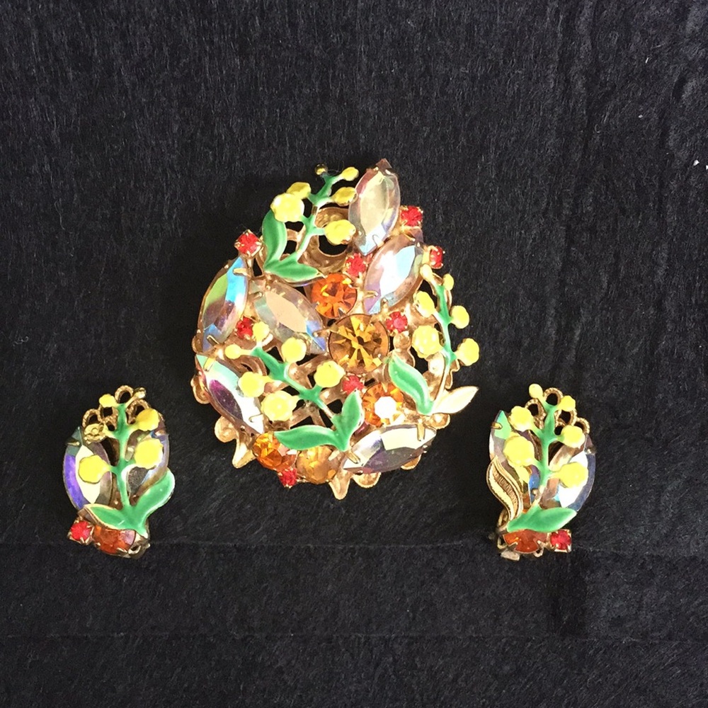 Vintage Enamel Rhinestone Floral Brooch Earrings